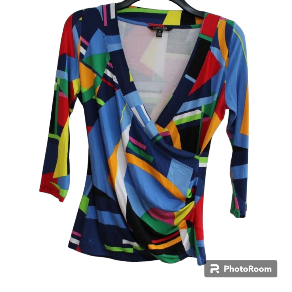 Ralph Lauren Women's Top Size M Mock Wrap Retro Funky Colour And Pattern - Picture 1 of 8